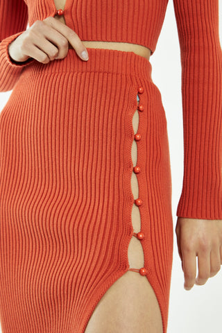 Rust-Orange Side Split Knitted Midi-Skirt