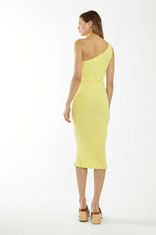 Banana-Yellow Rib-Knit Asymmetric Midi-Dress