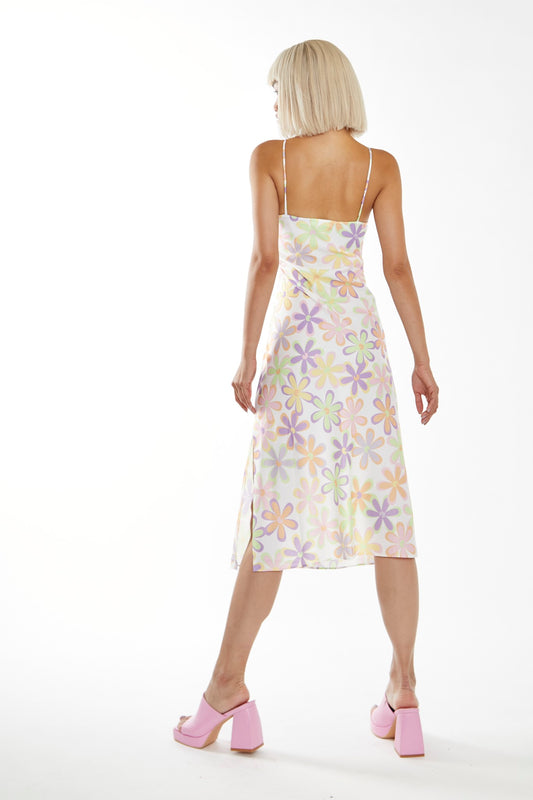 Pastel 60s Floral Side-Split Cami Style Midi-dress