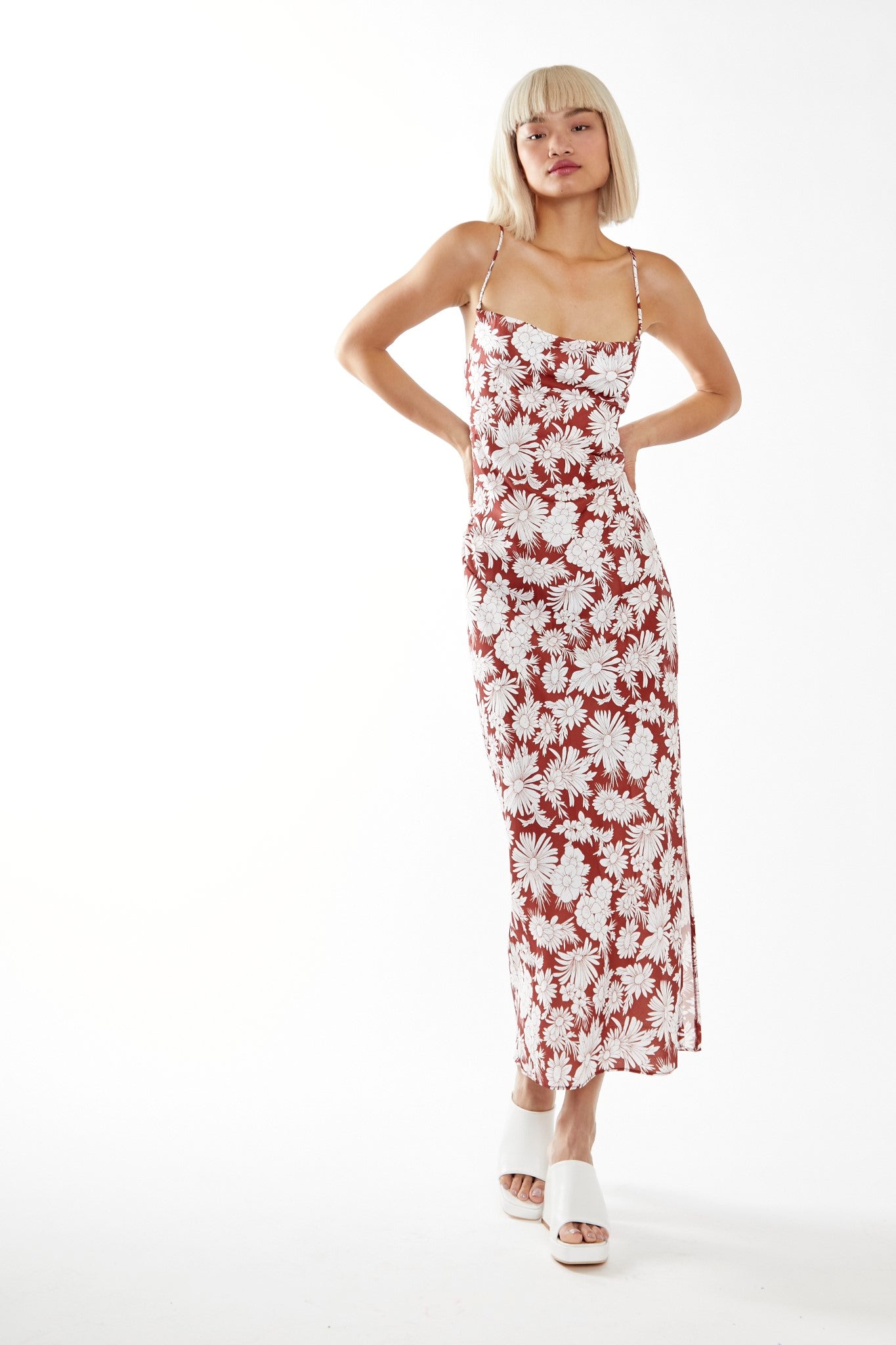 Brown Resort-Floral Cowl-Neck Strappy Midi-dress