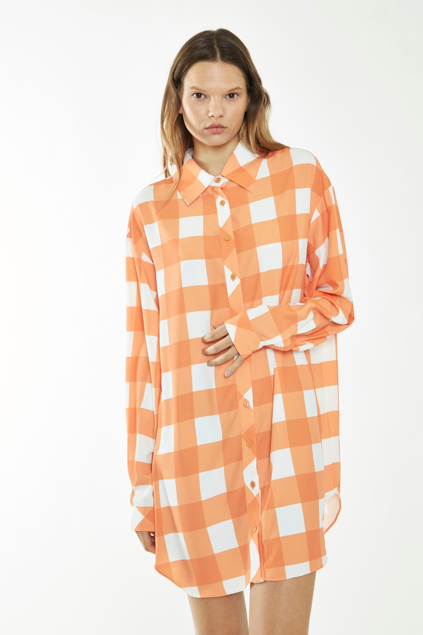 Orange-White Gingham Long-Sleeve Mini Shirt Dress