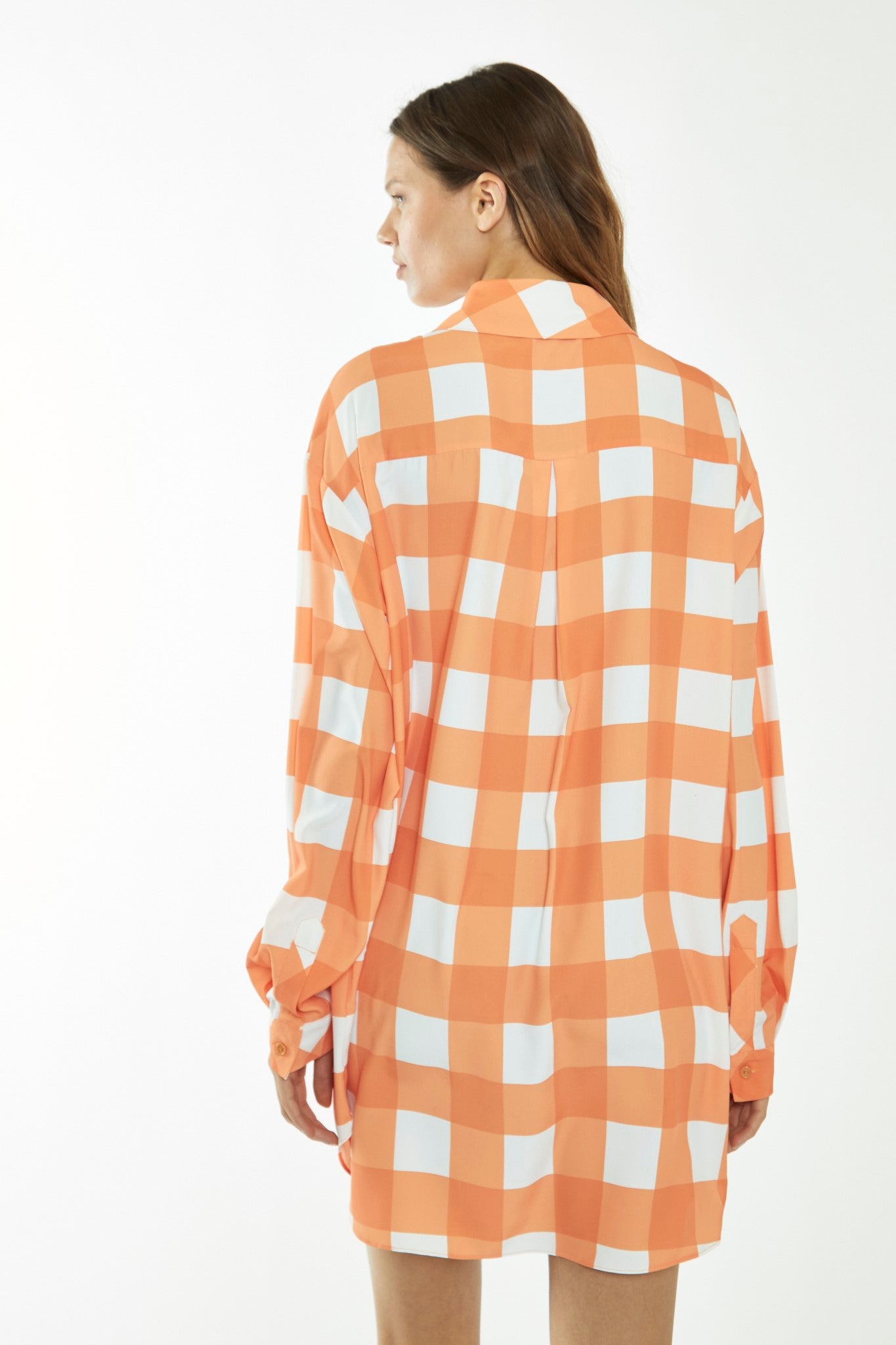 Orange-White Gingham Long-Sleeve Mini Shirt Dress