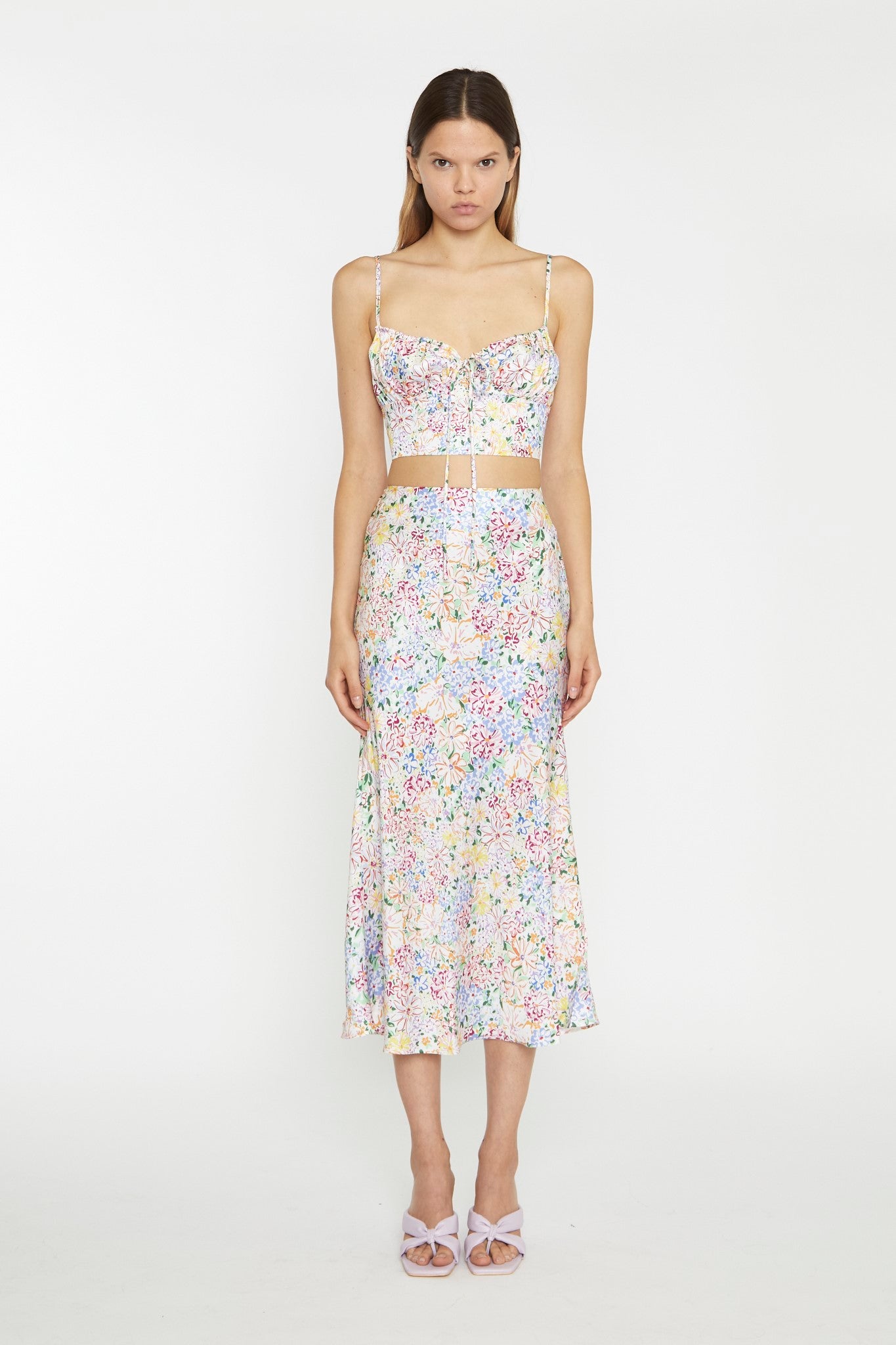 Painted Multi-Floral Bias-Cut Midi-Skirt