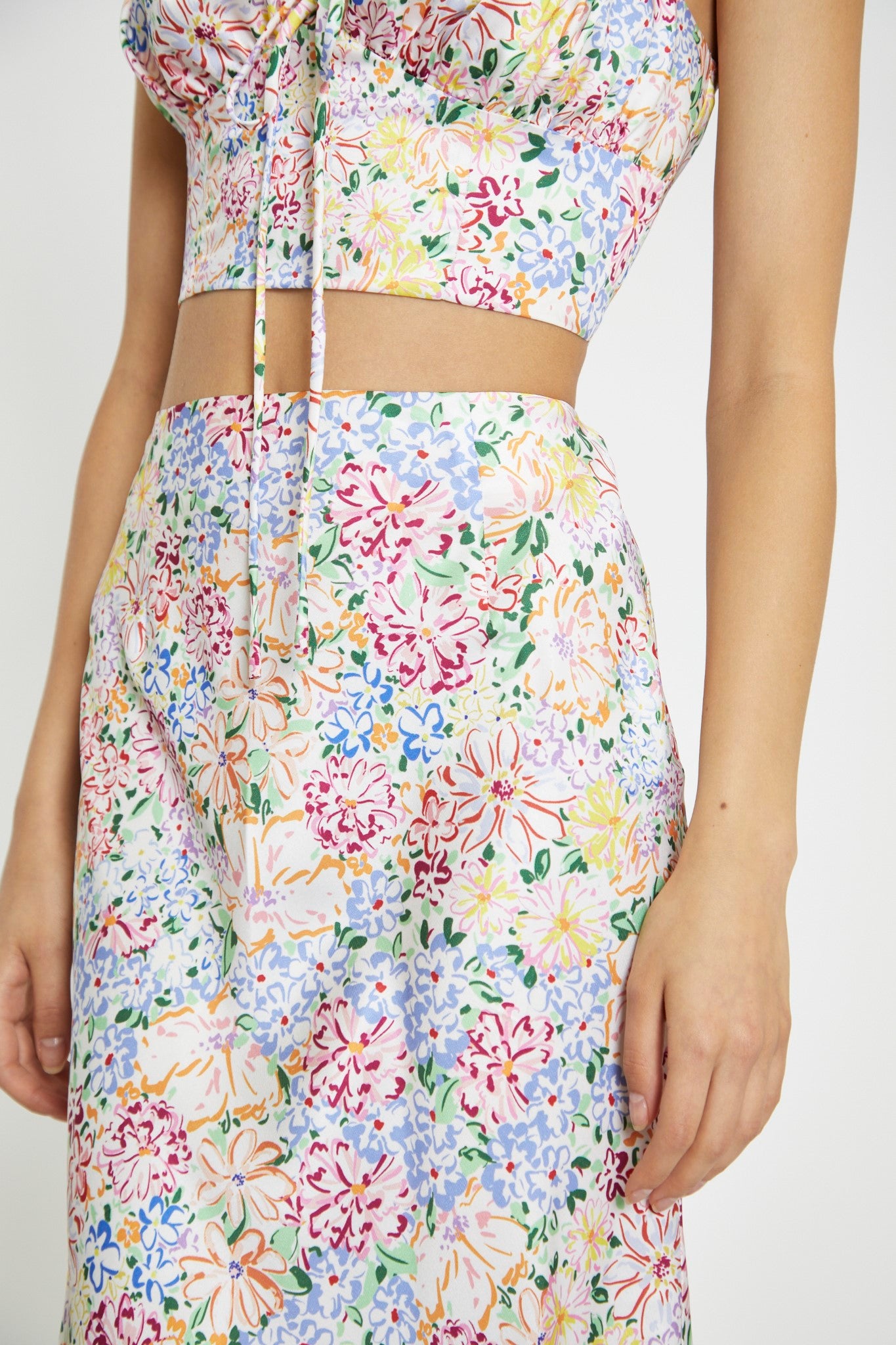 Painted Multi-Floral Bias-Cut Midi-Skirt