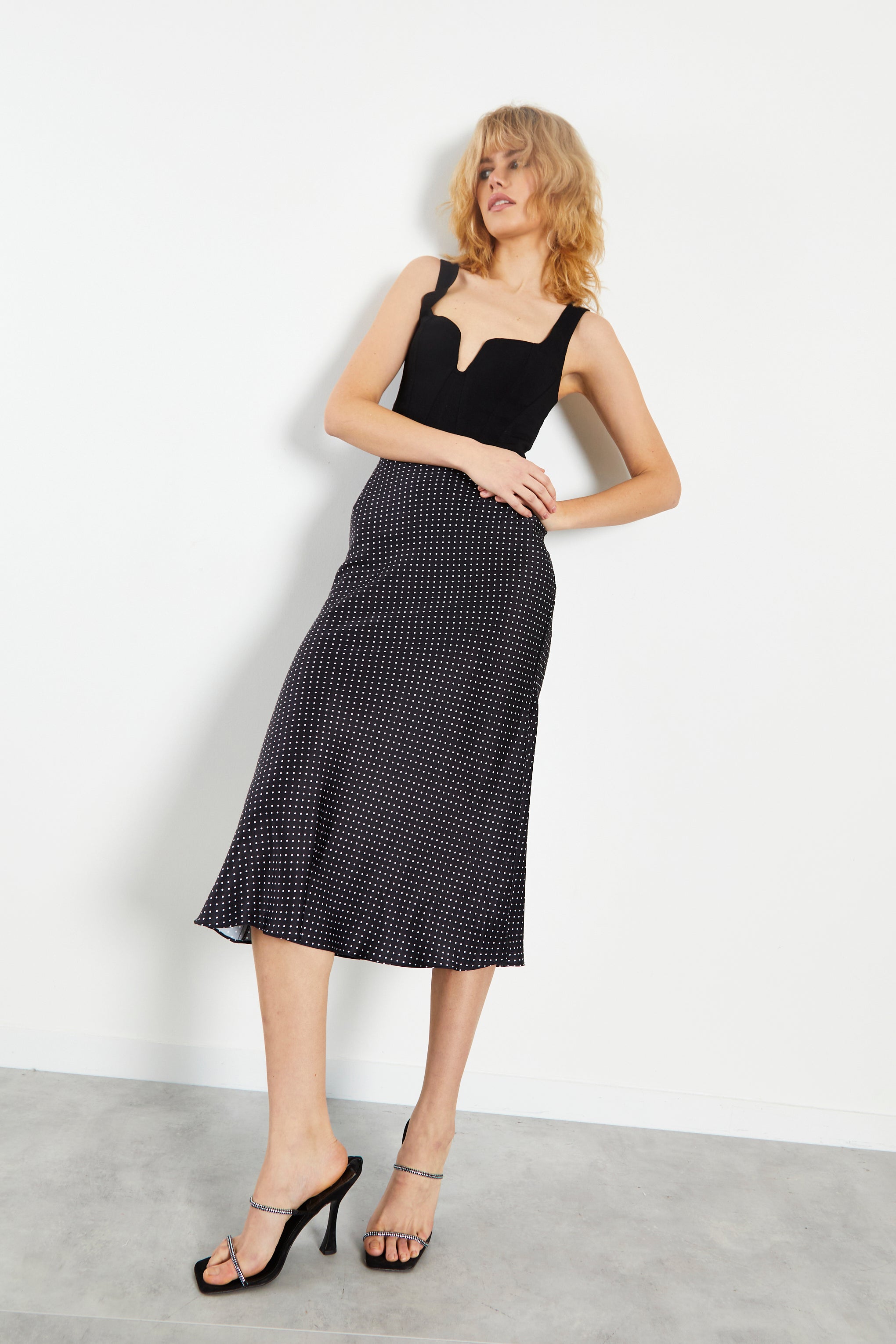 Glamorous Black White Spot Midi Skirt
