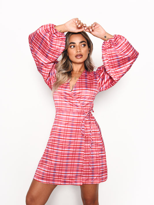 Red Pink Check Wrap Front Mini Dress