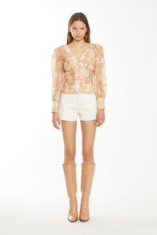 Tan White Floral Button-Front Blouse