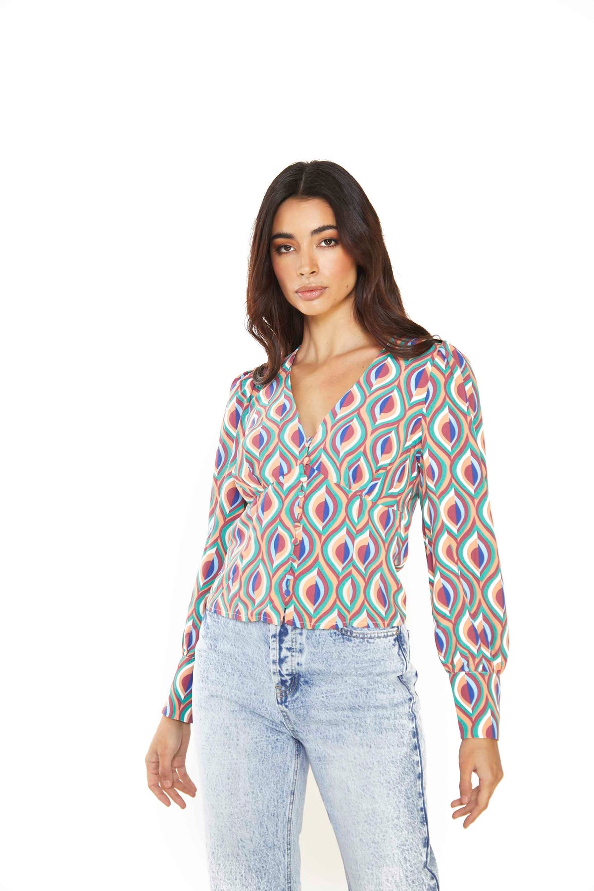 Glamorous Multi Geo Swirl V Neck Top with Button Details