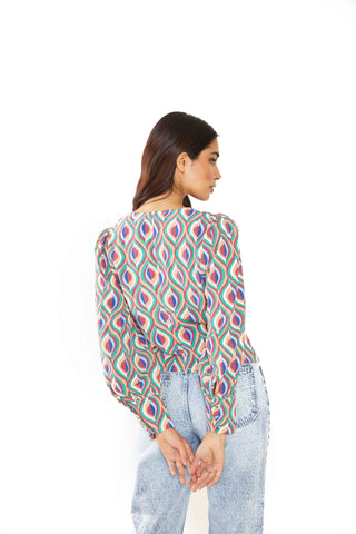 Glamorous Multi Geo Swirl V Neck Top with Button Details