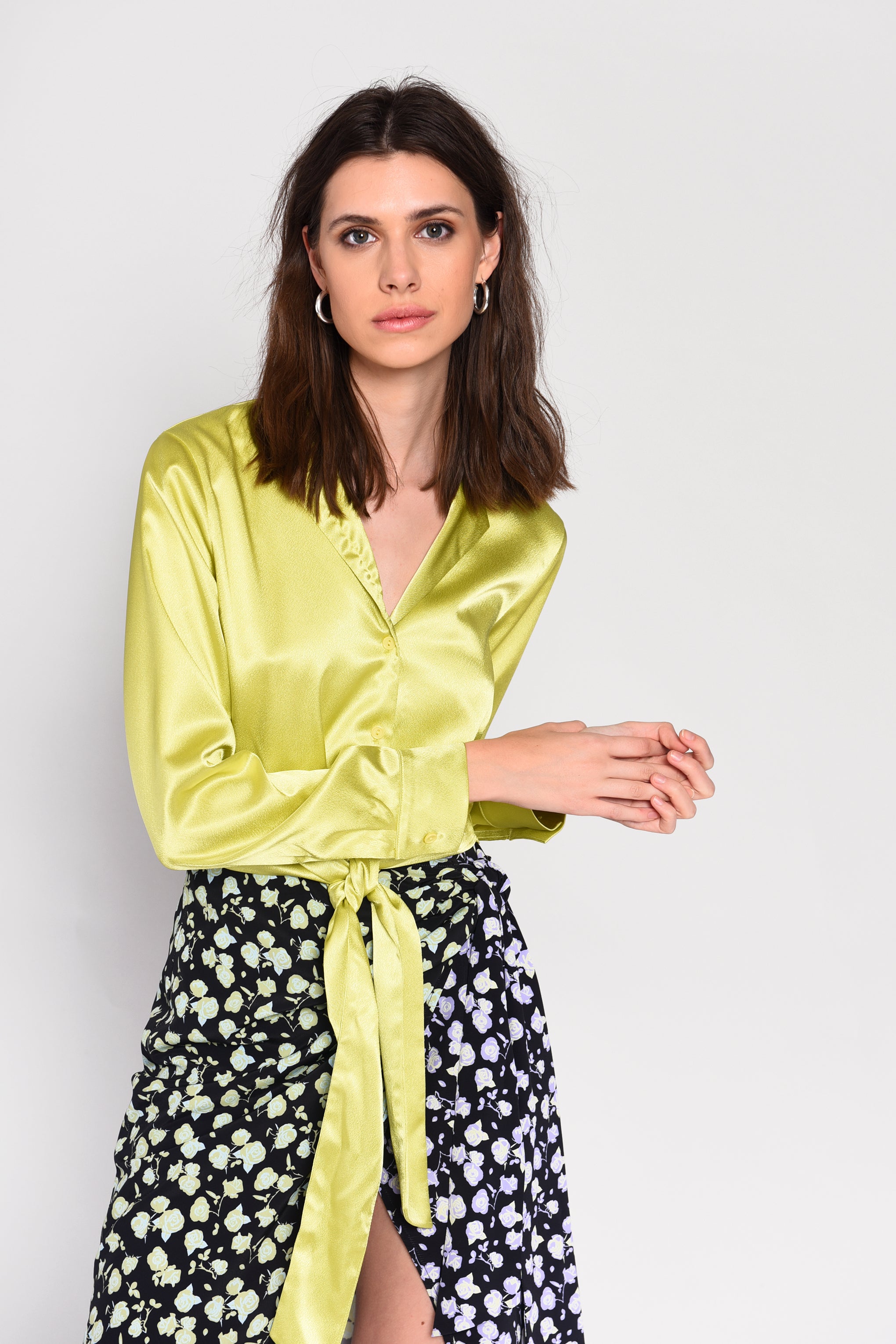Glamorous Lime Satin Tie Button Front Cropped Shirt