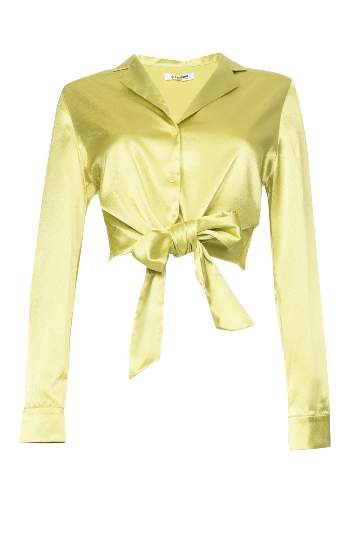 Glamorous Lime Satin Tie Button Front Cropped Shirt
