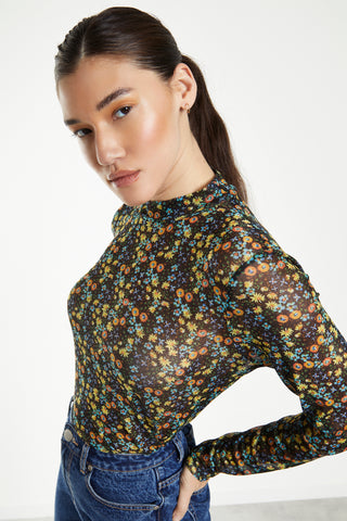 Glamorous Black Multi Floral Mesh Long Sleeve Top with High Neck