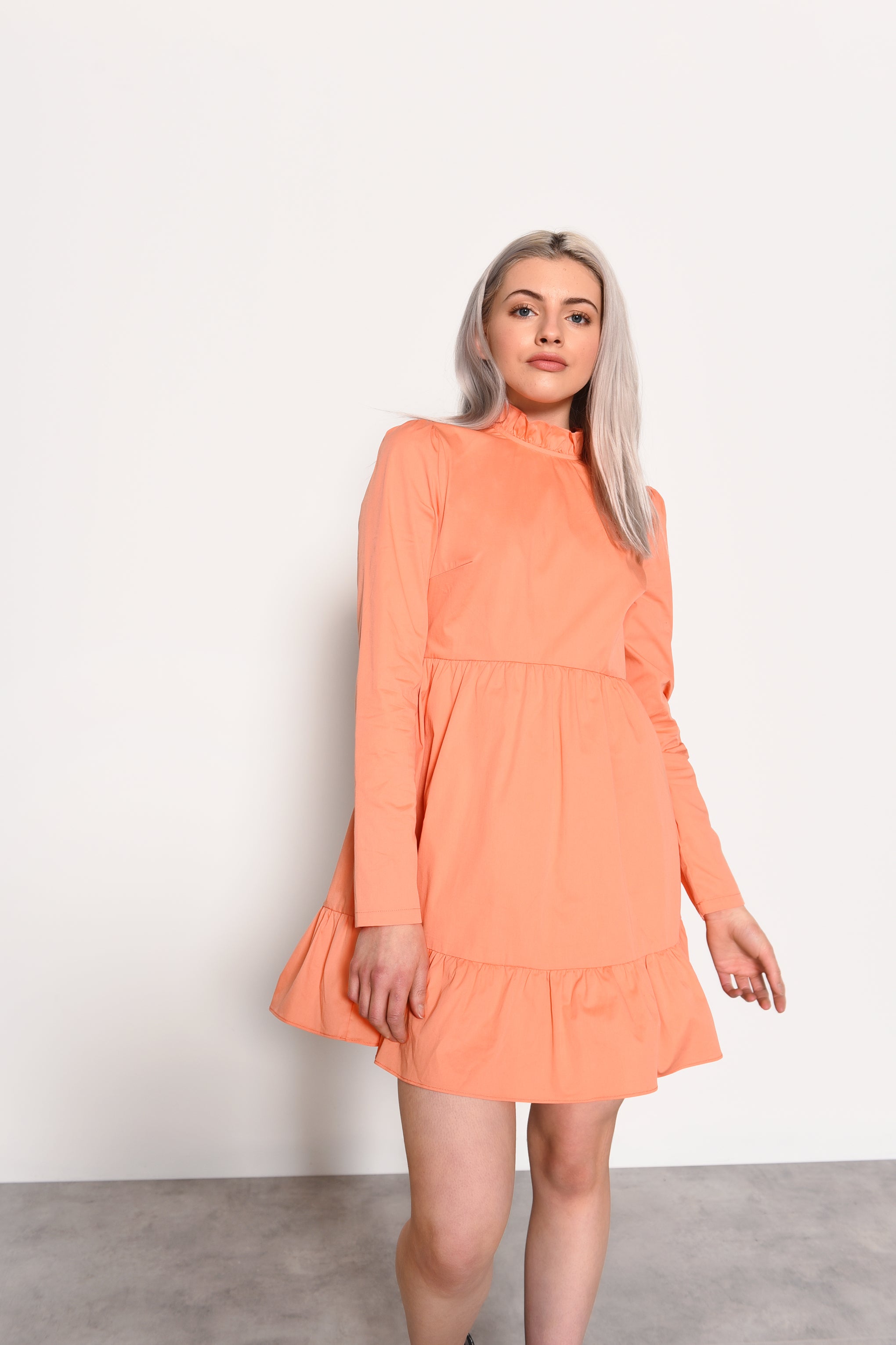 Glamorous Peach High Neck Tiered Long Sleeve Mini Dress