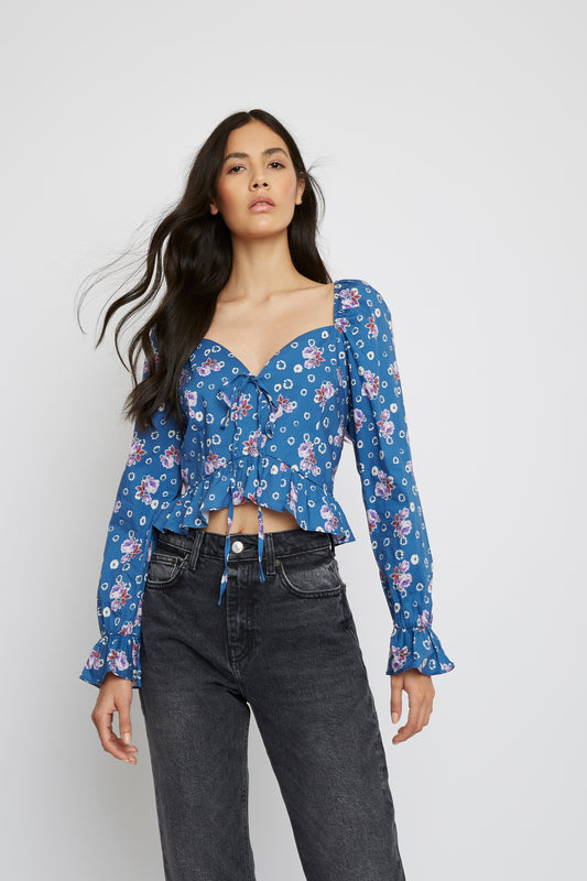 Glamorous Blue Floral Sweetheart Neckline Blouse