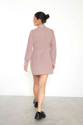 Glamorous Burgundy Geometric Check Long Sleeve Mini Shirt Dress with Peter Pan Collar