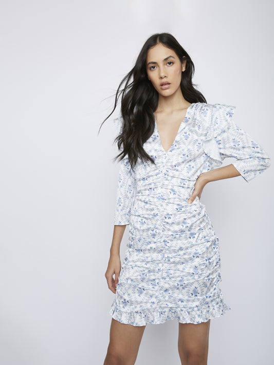 Glamorous White Blue Rose Ruched Ruffle Detail Dress
