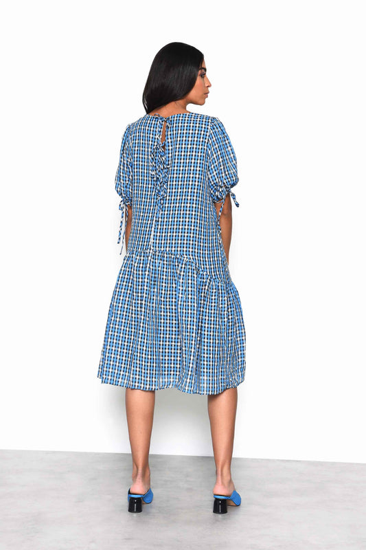 Glamorous Blue Multi Check Tiered Midi Dress with Puff Sleeves and Tie Back Detail