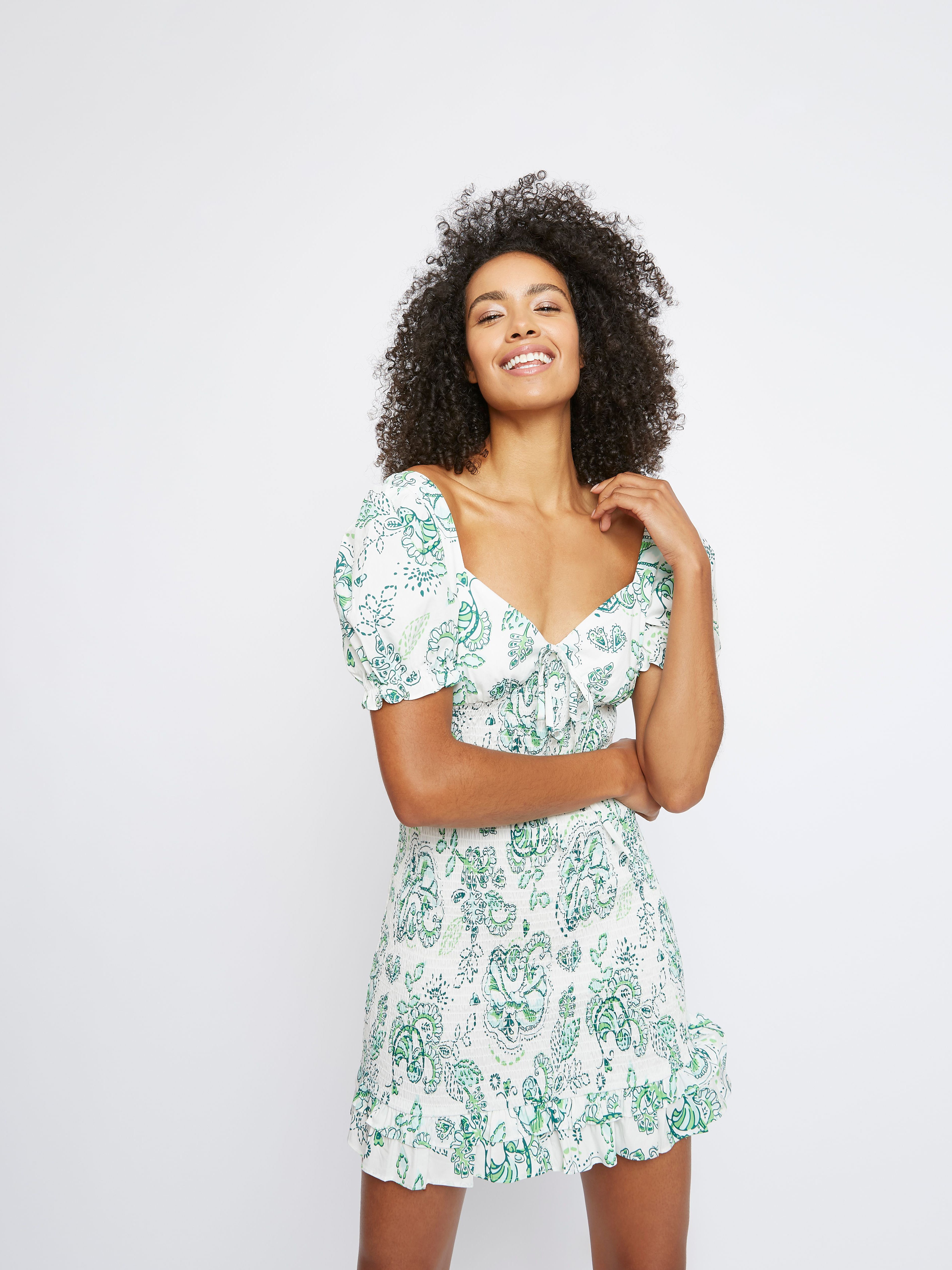 White Green Floral Milkmaid Ruched Dress