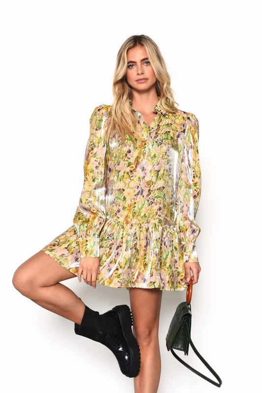 Glamorous Smudgy Floral Tiered Puff Sleeve Shirt Dress