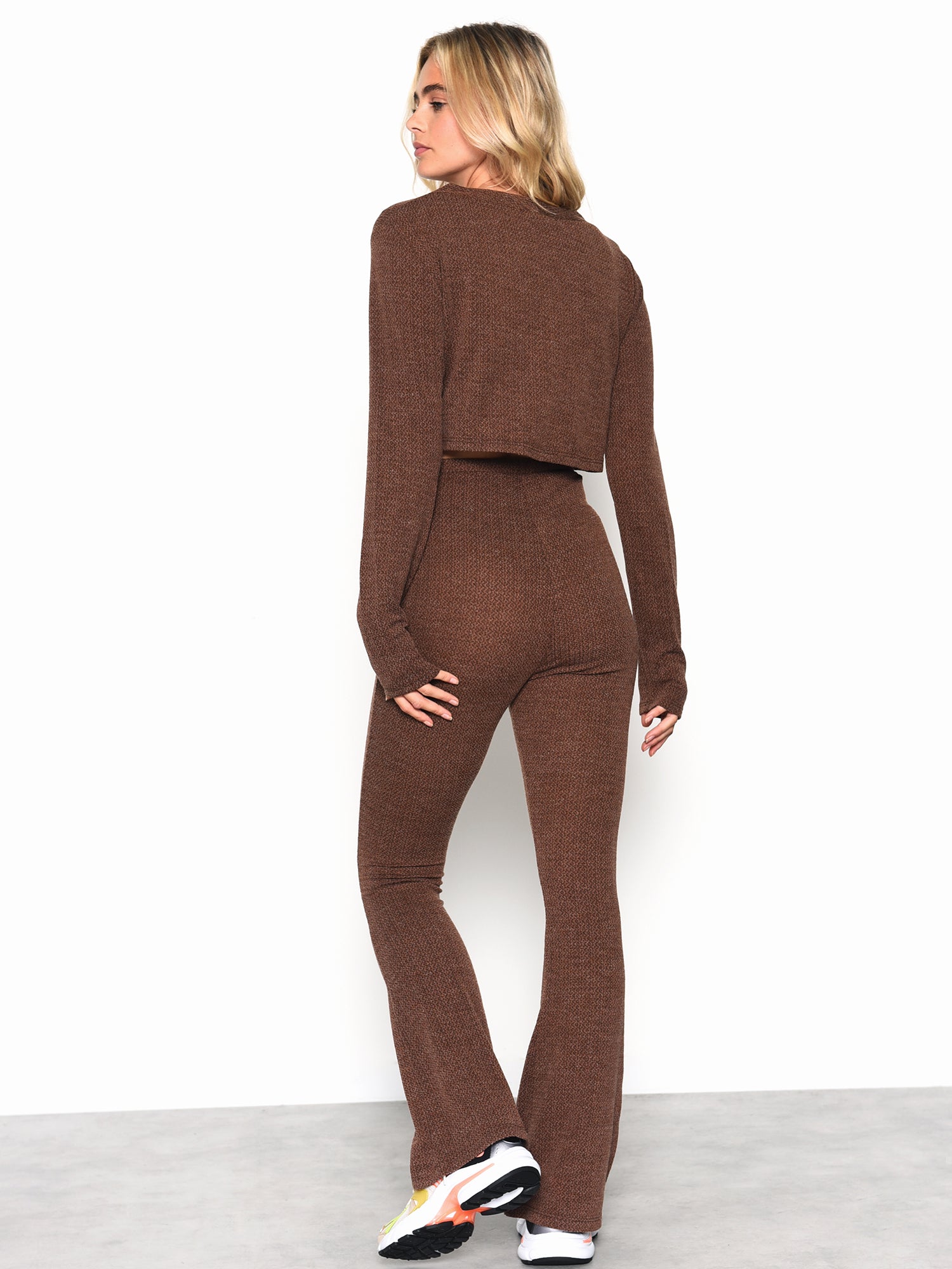 Glamorous Brown Melange Button Front Long Sleeve Crop Cardigan