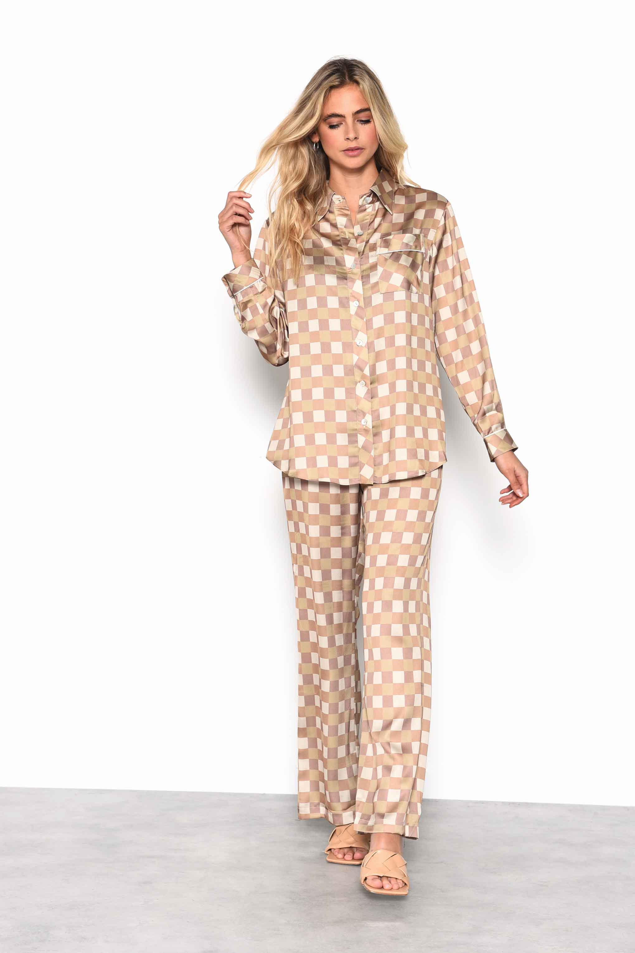 Glamorous Brown Khaki Check Oversized Pyjama Style Shirt