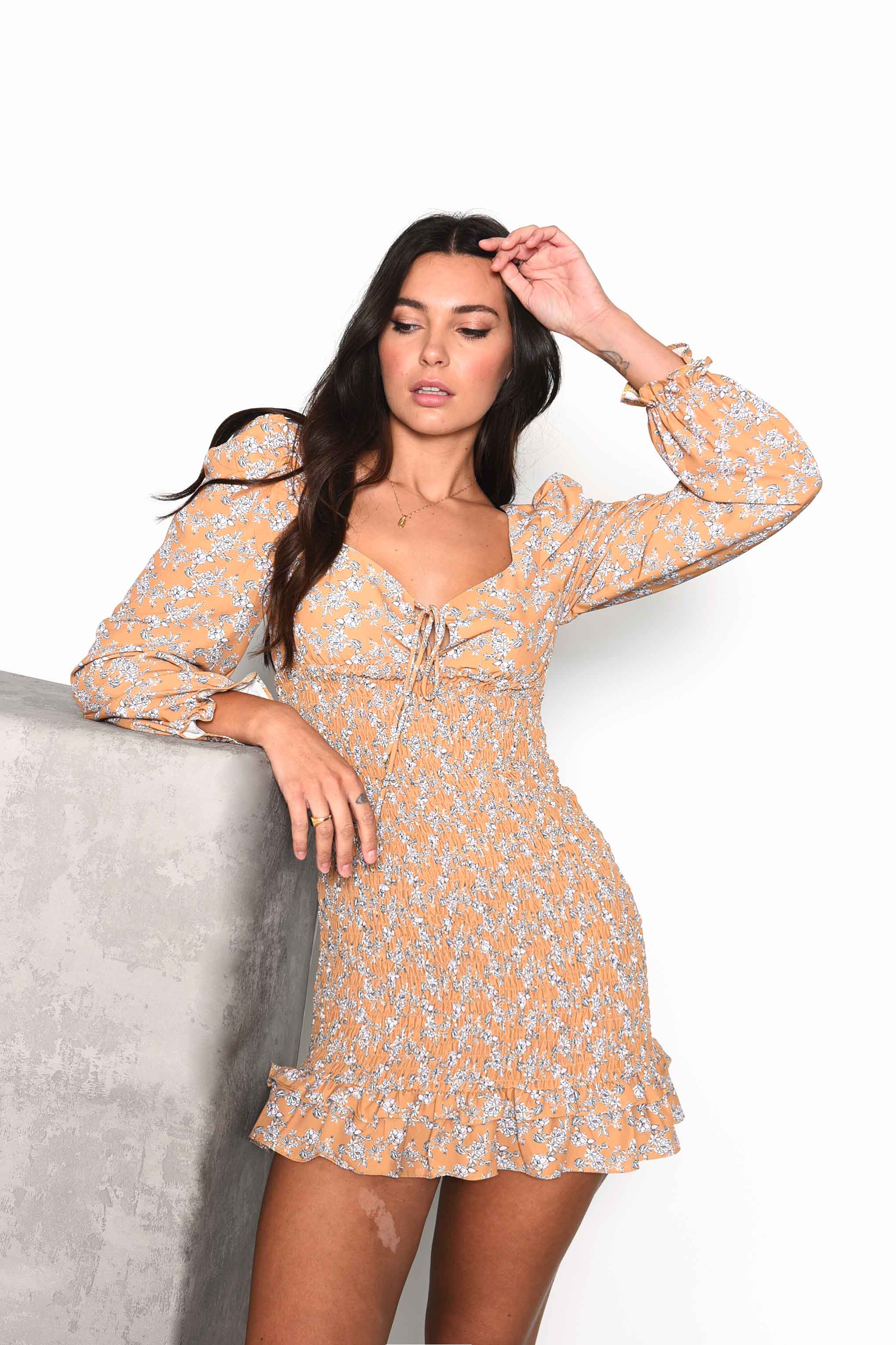 Glamorous Ochre Floral Smocked Mini Dress with Full Length Puff Sleeves and Frill Hem