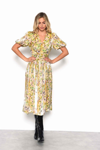 Glamorous Smudgy Floral Belted Midi Dress with Statement Collar and Sleeves