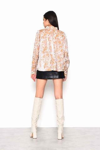 Glamorous Pink Gold Multi Floral Voluminous Fit Blouse with Neck & Sleeve Ruffle Detailing