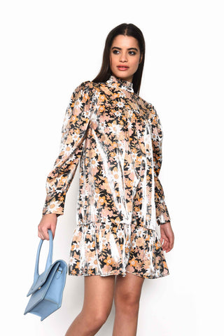 Glamorous Black Gold Multi Floral High Neck Mini Dress with Gathered Tiers and Sleeves