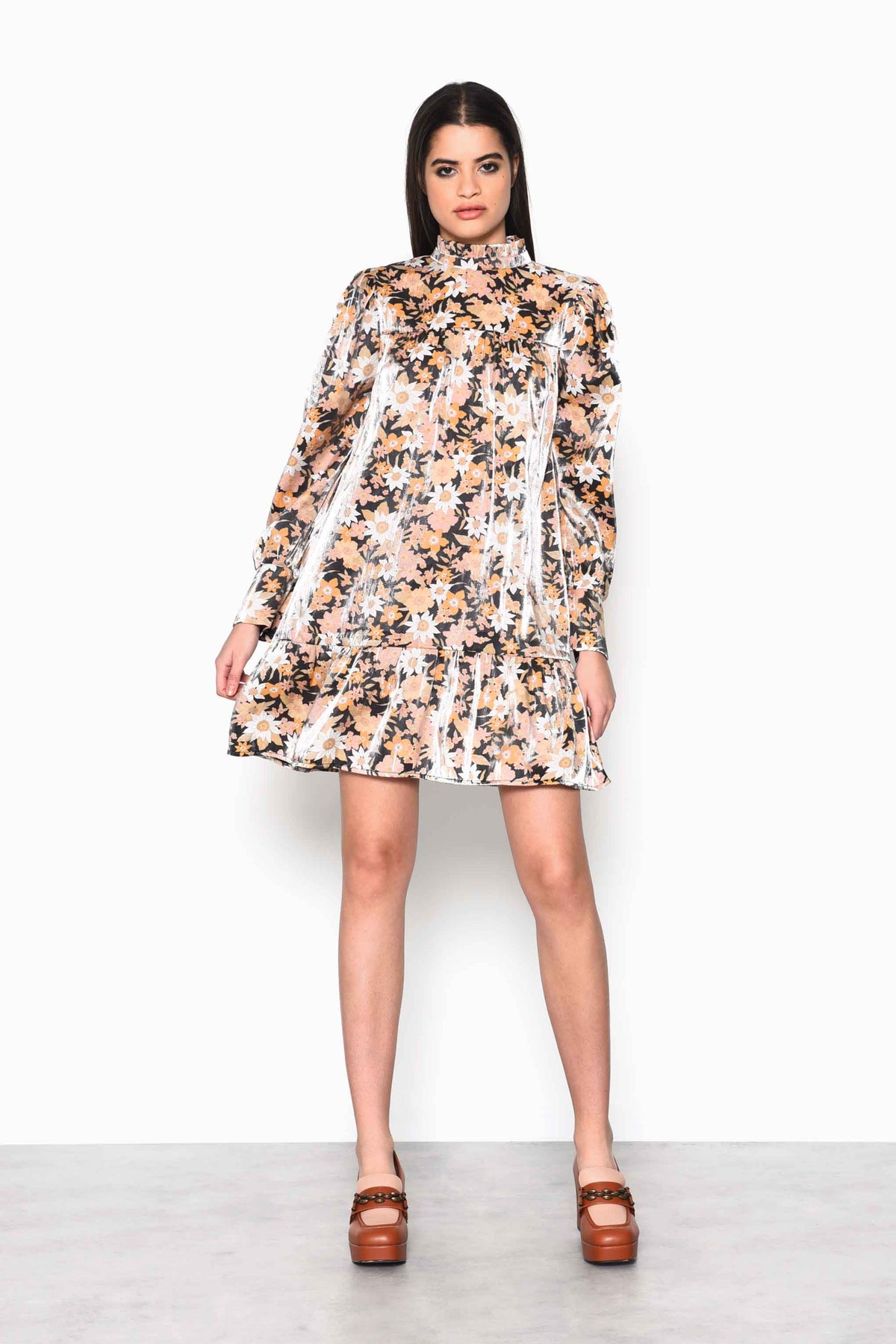 Glamorous Black Gold Multi Floral High Neck Mini Dress with Gathered Tiers and Sleeves