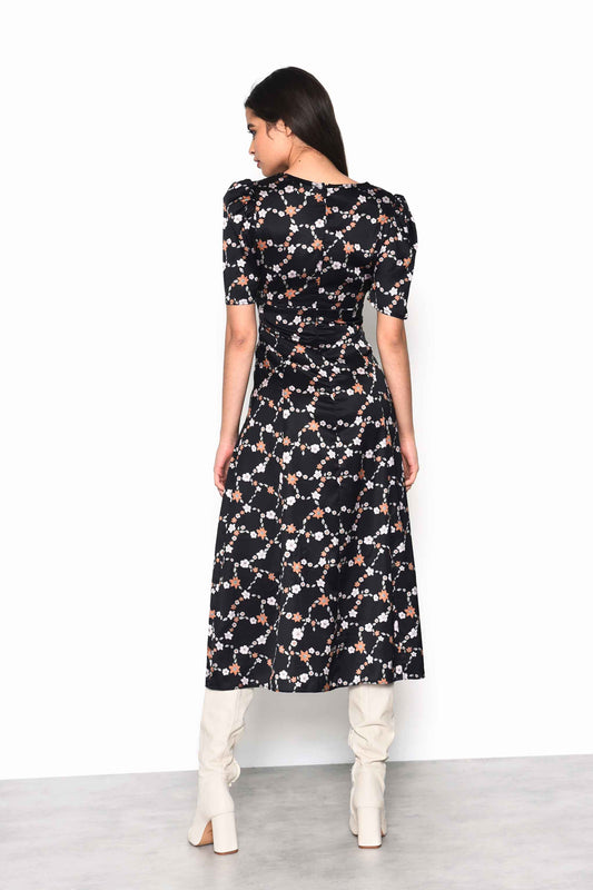 Glamorous Chain Floral Button Down Midi Dress with Plunging Neckline, Gathered Bust Detail and Puff Sleeves