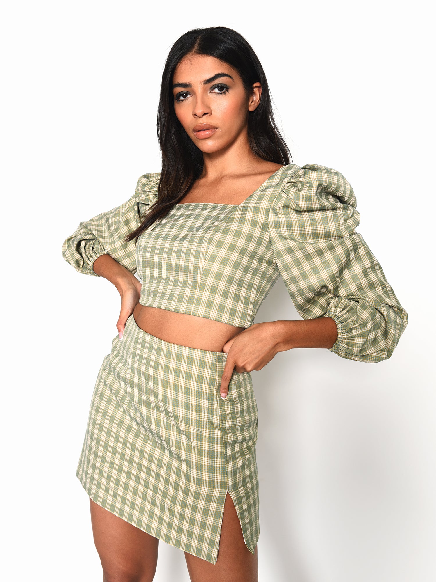 Glamorous Turquoise Multi Check Puff Sleeve Square Neck Crop Top