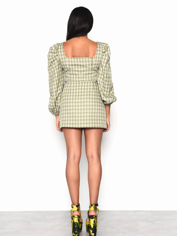 Glamorous Turquoise Multi Check Puff Sleeve Square Neck Crop Top