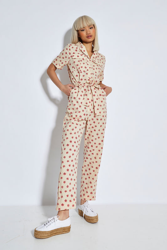 Glamorous Stone Red Daisy Tie Waist Button Front Jumpsuit