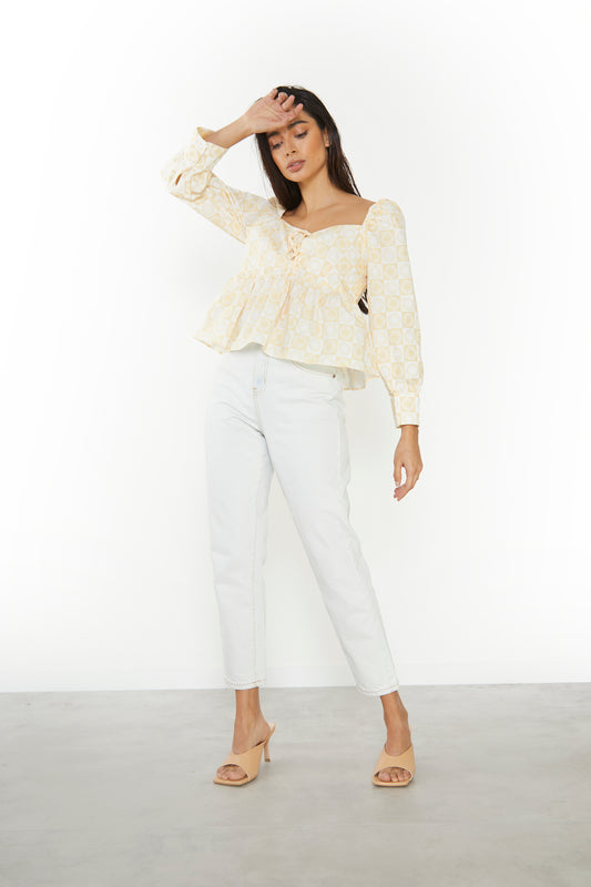 Glamorous Sunflower Check Sweetheart Peplum Blouse.