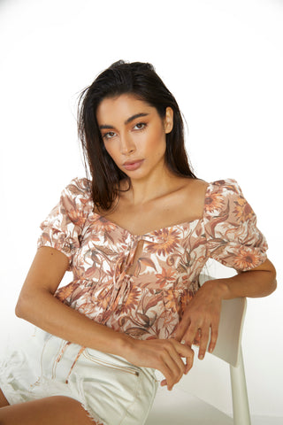 Glamorous Multi Sunflower Sweetheart Neckline Peplum Top