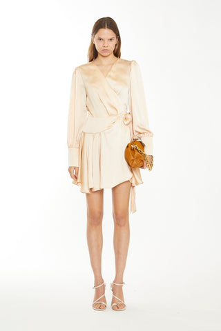 Peach Champagne Satin Wrap Mini-Dress