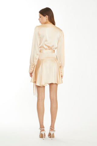 Peach Champagne Satin Wrap Mini-Dress