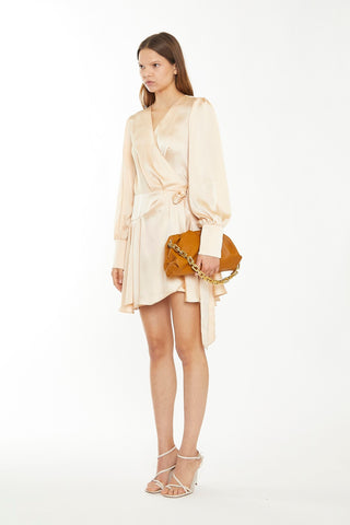 Peach Champagne Satin Wrap Mini-Dress