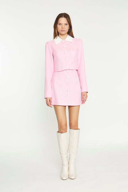 Peony Pink White Contrast Collar Button-Through Top
