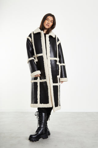 Glamorous Black Cream Long Shearling Seamed Coat with Collar