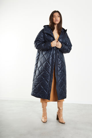 Glamorous Black Longline Puffer Coat with Hood