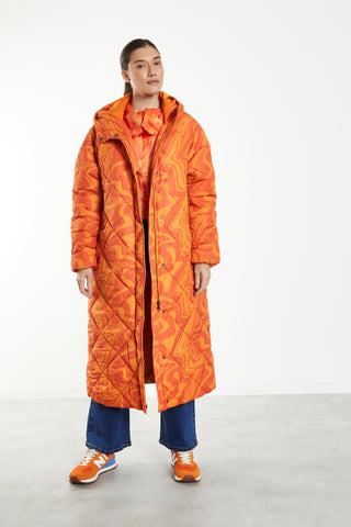 Glamorous Orange Marble Quilted Longline Puffer Coat with Hood