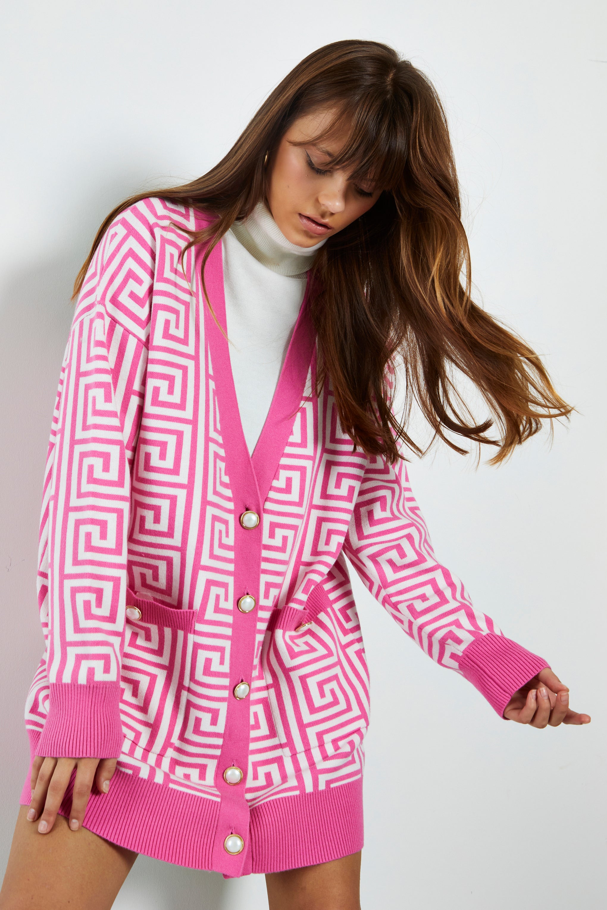 Glamorous Pink Geo Oversized Knitted Cardigan