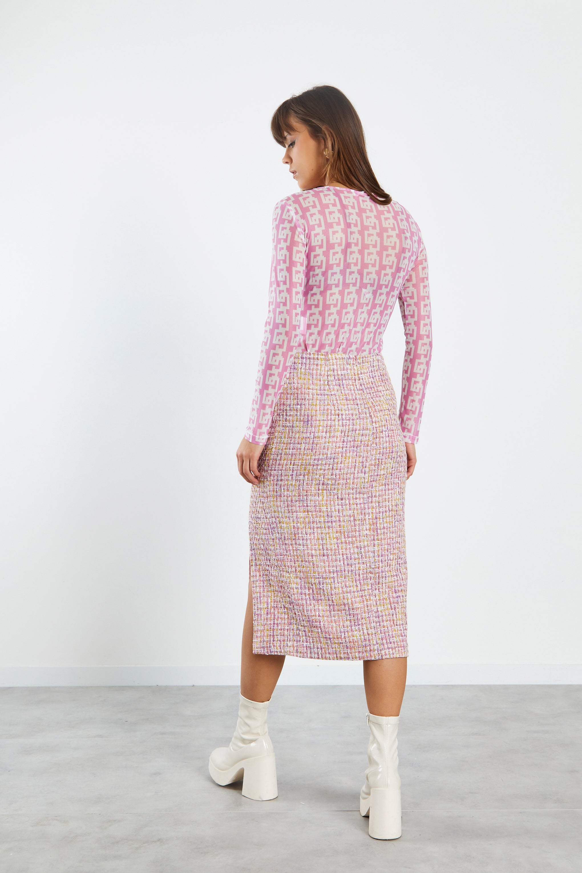 Glamorous Pink Multi Tweed Midi Skirt with Side Split