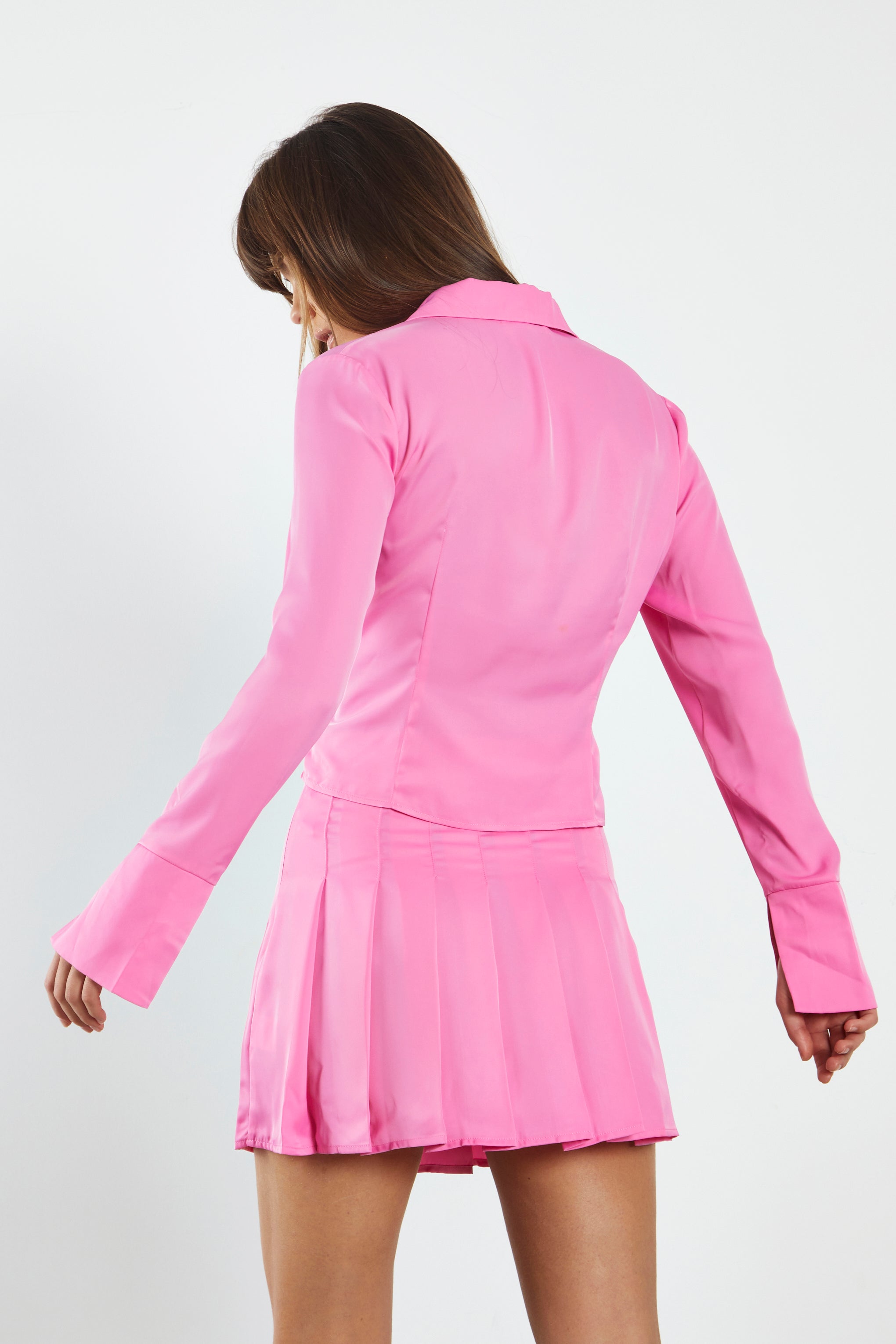 Glamorous Pink Satin Long Sleeve Fitted Shirt with Lapel Collar