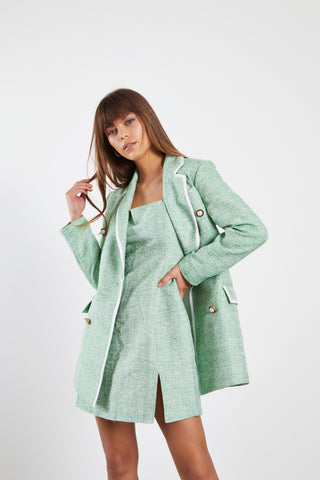Glamorous Green Tweed White Oversized Blazer with Contrast Trim