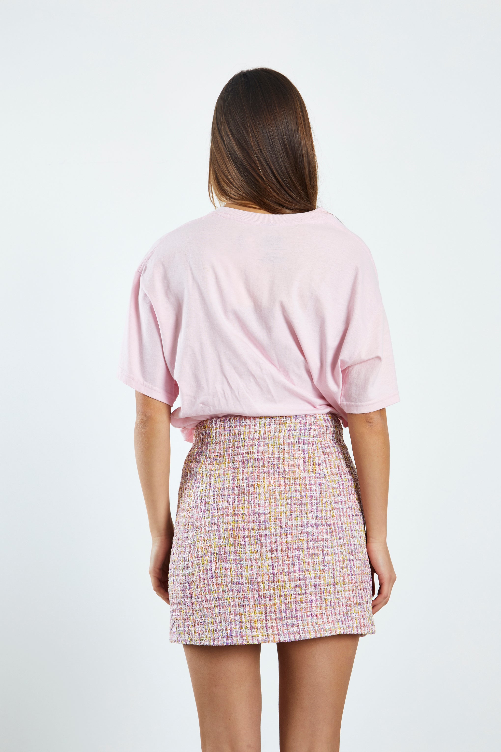 Glamorous Pink Multi Tweed White High Waisted Mini Skirt with Contrast Pockets