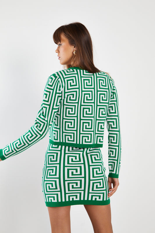 Glamorous Green Geo Long Sleeve Intarsia Knit Cardigan