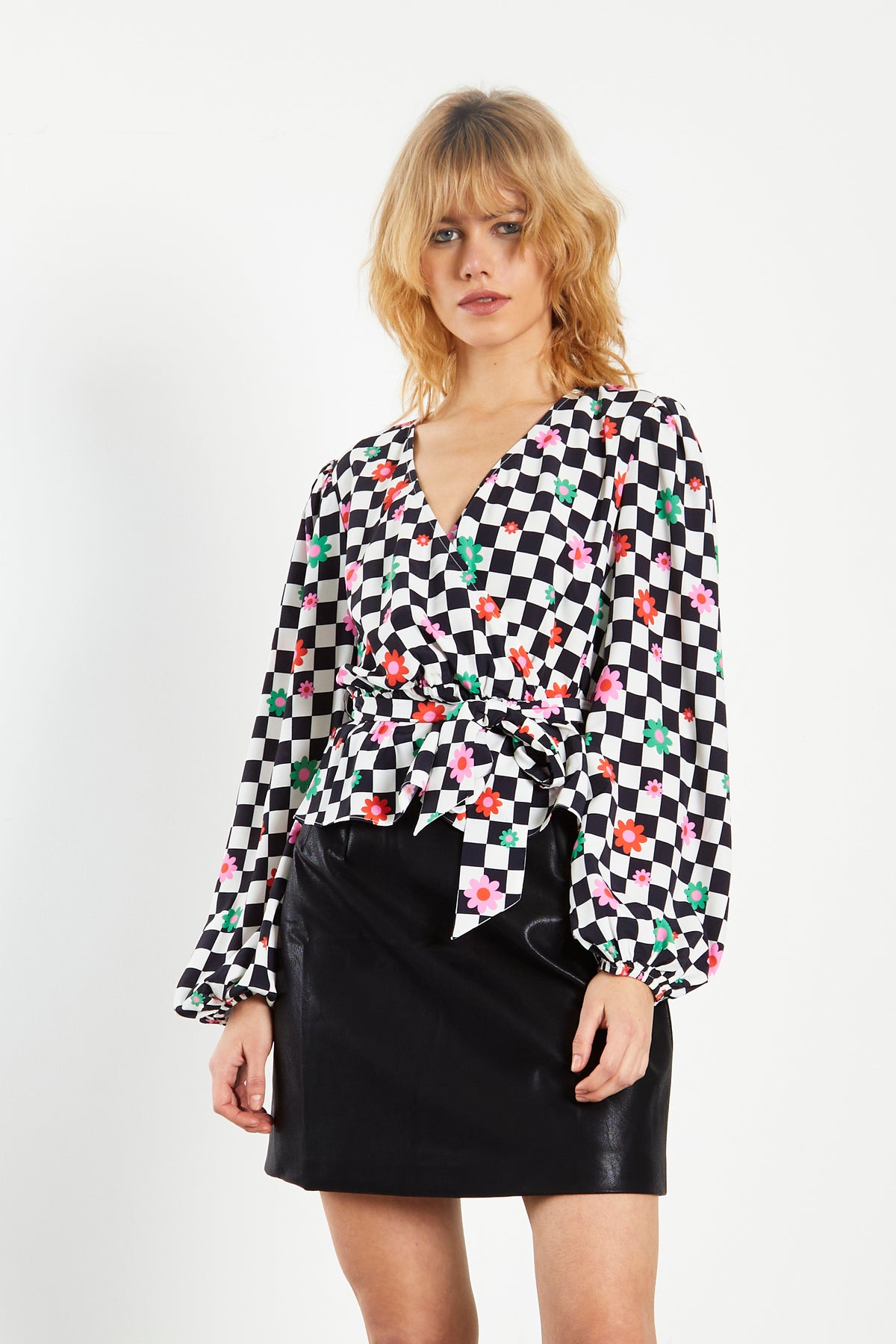 Glamorous Checkerboard Flower Wrap Blouse with Tie detail